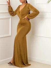 Elegante vestidos de noite longo patry vestido sexy profundo v manga longa sereia bodycon split maxi robe femme 240318