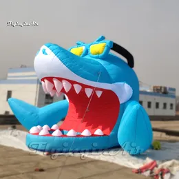 wholesale Outdoor Large Inflatable Shark DJ Booth Cartoon Sea Animal Balloon 5m Airblown Blue Shark Tent With Sunglasses For Park And 001