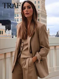 Traf kvinnor Stylish 3 Piece Khaki Set Solid Loose Blazers Kvinnliga formella västar mångsidiga breda benbyxor Eleganta kostymer 240319