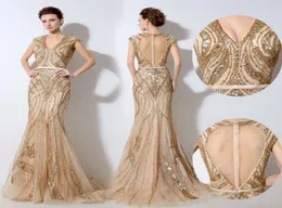 2019 Vintage Gold Evening Dresses Luxury Sequins Beading Keyhole Back Sash Mermaid Cap Sleeves V Neck Bridal Formal Dress Prom Gow5952316