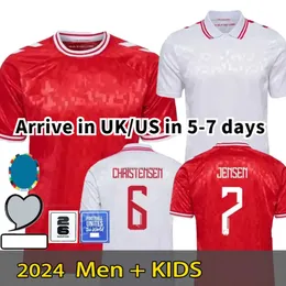 Dinamarca Futebol Jersey 2024 Euro Cup Nova 2025 Seleção Nacional 24 25 Camisa de Futebol Kit Infantil Conjunto Completo Home Red Away White Men Uniforme CHRISTENSEN JENSEN ERIKSEN