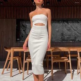 Casual Dresses Women Summer Dress Elastic Off Shoulder Sleeveless Knitted Anti-slip Sheath Bandeau Hollow Out Mid-calf Length