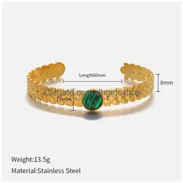 Bangle Vintage Ear Of Wheat Shape Opening Bangles for Women Trend Rostfritt stål Natural Stone Inlay Justerbar manschettarmband juvelr dhdjn