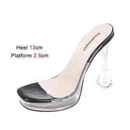 Kleidschuhe Damen Transparente Hausschuhe Sexy PVC Hochhackige Pumps Frauen Plattform 13 cm Hoof Heels Sandalen Quadratische Zehe Plexiglas CrystalZ5Q5 H240321