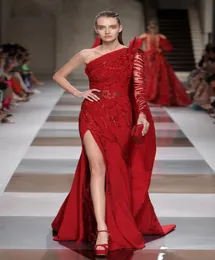 Red Ziad Nakad Abendkleider im Meerjungfrau-Stil mit Pailletten, One-Shoulder-Langärmeln, applizierten Ballkleidern in Übergröße, Sweep-Zug, seitlicher Schlitz, Fo4465294