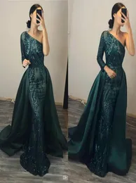 Hunter Green Abiti da sera scintillanti con paillettes maniche lunghe Monospalla con gonna oversize Abiti da ballo Custom Made Abiti formali a sirena3682488