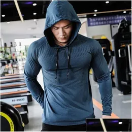 Mens T-shirts Fitness Tracksuit Running Sport Hoodie Gym Joggers Hooded Outdoor Workout Athletic Clothing Muscle Training Swea Drop DHPBG