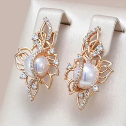 Dangle Earrings Kinel Luxury 585 Rose Gold Drop for Women Exirection Hollow Bridal Associory Natural Zircon Pearl Jewelry Gift