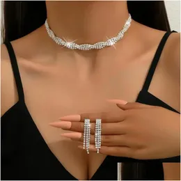 Brincos colar conjunto brinco torcido brilhante strass decoração pendurado romântico luxo inoxidável noiva jóias de casamento baile par gota dhrsv