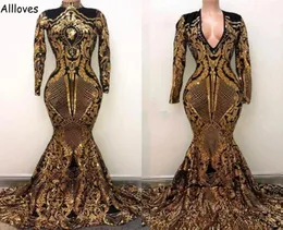 Luxury Black Sequined Lace Mermaid Evening Dresses Arabic Aso Ebi High Collar Long Sleeves Muslim Prom Party Gowns Formal Occasion5026992