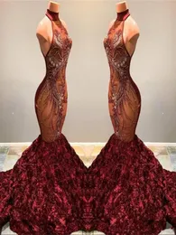 2019 Burgundy Lace Mermaid Long Prom Dresses Illusion Applique Beaded 3d Flowers Honter Sweep Train Evening Gowns vestidos de fest2791275