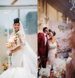 2019 Sexy Lace Severiqued Long Sleeves Mermaid Wedding Dress Afrrican Sheer Lace Black Girl بالإضافة إلى حجم الزفاف Gowwn مخصص Made7051759