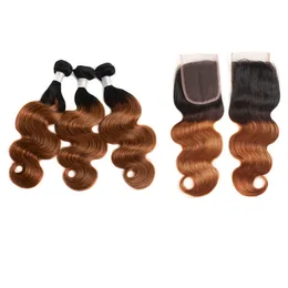 1b/30 ombre Colore 3 bundle con 4*4 pizzo Free Parte 4 PC/lotto peruviano 100% Wave del corpo dei capelli umani