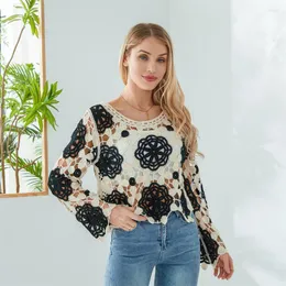 Women's Knits Floral Crochet Cover-ups Crop Tops Spring Summer Long Sleeve Crewneck Knitted Pullovers Hollow Out Smocks