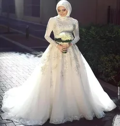 Árabe saudita muçulmano vestidos de casamento elegante 2019 alta pescoço rendas apliques manga longa trem varredura vestidos de noiva 1178568