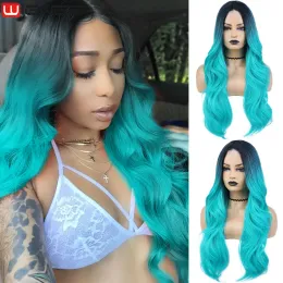 Wigs WIGNEE Long Wavy Wig Synthetic Lace Wig Bluish Green Hair Wigs For Women Teal Blue Wig Middle Part Heat Resistant Costume Wig