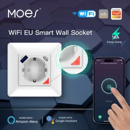 Steuern Sie MOES WiFi Tuya Smart Socket EU Power Plug Outlet Schnellladung USB Rollenmaschinenlinie Typc APP Fernbedienung Sprachsteuerung Alexa Google Home