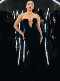 Casual Dresses High Quality Women's Sexy O-Neck Long Sleeved Mesh Perspective Luxurious Diamond Black Velvet Celebrity Party Dress Vestido