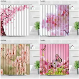 Shower Curtains Pink Flowers Cherry Blossom Butterfly Nature Floral Plant Rural Scenery Fabric Bath Curtain Bathroom Decor Hooks