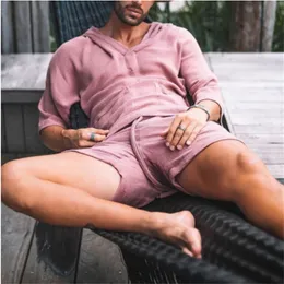 패션 남자 2 조각 세트 캐주얼 면화 린넨 단단한 느슨한 의상 여름 반 소매 v 넥 티셔츠와 남성용 반바지 슈트 S-3XL