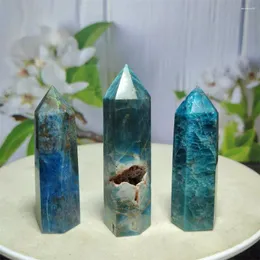 Statuette decorative Cristallo naturale Apatite blu Pietra preziosa lucida Colonna obelisco esagonale Bacchetta di quarzo Meditazione Guarigione Decorazione domestica