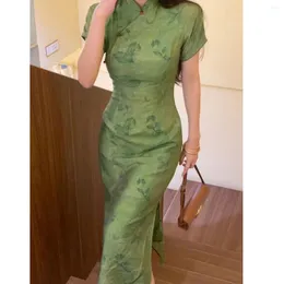 Ethnische Kleidung Chinesischen Stil Kleid Grün Verbesserte Cheongsam Frauen Sexy Kurzarm Qipao Sommer Vestidos Print Kleider