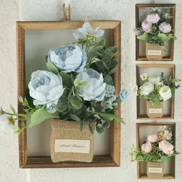 Fiori decorativi Creativo 3D Fiore artificiale Cornice in legno Appeso a parete Retro Rose Piante Bouquet Ornamenti Giardino Cortile Decorazioni per la casa