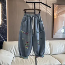 Kadın kot pantolon harem pantolon moda sokak hip-hop elastik bel geniş bacaklı pantolon mol gibi yıkanabilir pamuk delik sokak kıyafeti joggers