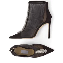 Buty dla kobiet senior Bing Boot 100 pompki na wysokim obcasie buty Włochy luksusowe spiczaste palce czarny nagi zamsz i kryształowe kostki Botki krótkie obcasy botki