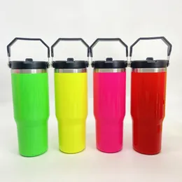 30oz Sublimation Neons Tumbler with lift handle H2.0 Rainbow Quencher Tumbler Insulated Travel Mug Beer Mug Outdoor Camping Cup new