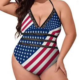 Women's Swimwear United States Of American Flag Ruffled Swimsuit Sexy Stars Print One Piece Swimsuits Swim Push Up Monokini Beach Wear