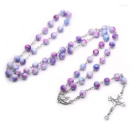 Pendant Necklaces QIGO Glass Stone Rosary Necklace Long Cross Religious Jewelry For Men Women