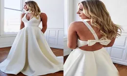 Simples cetim uma linha vestidos de baile 2020 sem costas com arco vestidos de noite profundo decote em v sem mangas barato vestido de baile5384547