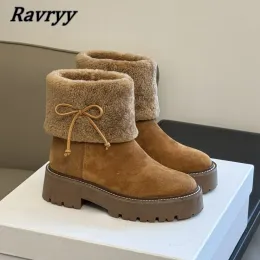 Boots Fur Wool Butterfly Knot Short Plush Slip On Snow Boots Christmas AllMatch Platform Short Boots Retro Round Toe Casual Boots