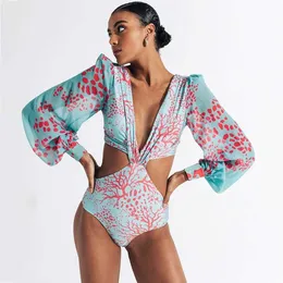 Kvinnors badkläder Kvinnor V-ringning Tryckt Cut Integrated Swimsuit 2023 Sexig Bikini Set Long Sleeved Swimsuit Monokini Luxury Swimsuit Beach Suit J240319