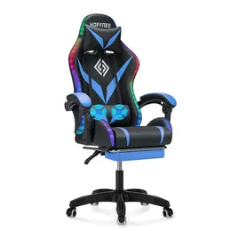 Gaming Masaż LED Ergonomiczne krzesła do gry wideo Footrest High Back Relowanie krzesła komputerowego z regulowanym wsparciem lędźwiowym niebiesko -czarnym