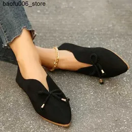 Casual Shoes Sweet Bowknot Womens Flat Shoes V Port Loafers Spring Pointed Toe Women Flats Skor Retro Slip On Casual Shoes Q240320