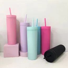 Tumbler 80pcs/lot 16 oz plastik ince sıska tumbler akrilik su şişesi makron renkleri kapak saman ile baba hediyesi için çift duvarlı