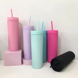 Tumblers 80st/Lot 16oz plast Slim Skinny Tumbler Acrylic Water Bottle Macron Colors med lock Straw Double för fars gåva