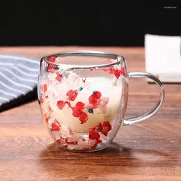 Bicchieri da vino 250/350 ml Tazza da caffè a doppia parete con manici Tazze da latte trasparenti Regali Tazza di vetro Riempimento Simulazione artificiale Fiori Tazza da tè