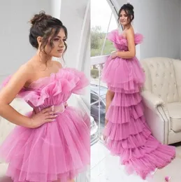 High Low Puffy A Line Prom Dresses Ruched Strapless Tiered Tulle Tutu Skirts Cocktail Party Dress Evening Gown4224864