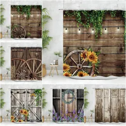 Dusch gardiner rustik träskiva gardin vintage gröna lämnar trä land liv grunge plankor ladan hus dörr tyg badrum dekor