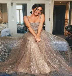 Rose Gold Sparkly Prom Dresses 2019 Spaghetti A Line Backless Sweep Train Modest Arabic Evening Party Special Endast klänningar Cheap4117580