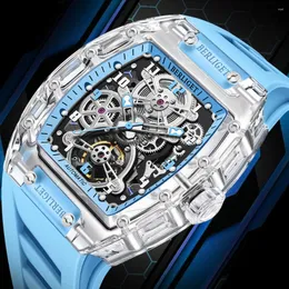 Armbanduhren BERLIGET Transparente mechanische Tonneau-Mannuhr Automatikwerk Uhren für Männer Hohles Skelett Kristall Leuchtend