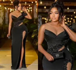 Thigh Sexy Black Split Formal Evening Dresses Sheer Neck Beaded Arabic Aso Ebi Long Party Prom Gowns for Women Elegant Satin Plus Size Second Reception Dress