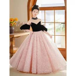 2024 Luxurious Tutu Flower Girl Dresses black pink rose flowers Beaded Sheer Neck Tiers Tulle Lilttle Kids Birthday Pageant Wed Gowns Birthday Party Princess Dress