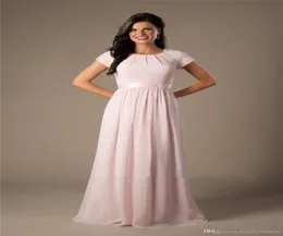 Beaded Pink Long Chiffon Modest Bridesmaid Dresses With Cap Sleeves Elegant Evening Wedding Party Dresses Aline Floor Length Cust8078439