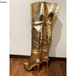 Boots Olomm ручной работы женщин -бедер высокие сапоги на каблуках заостренные ноги великолепные золотые серебряные черные клубные туфли женщин плюс размер США 515