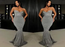 Sparkly Silver Grey paljetter Prom Dresses Long Mermaid With Spaghetti Straps 2019 Custom Made Plus Size Evening Formal Wear Party G6924166