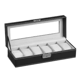 Fall 2/3/4/5/6/10/12 Slots Glass Window Pu Watch Box Black Stock Promotion Populära läderförpackningar